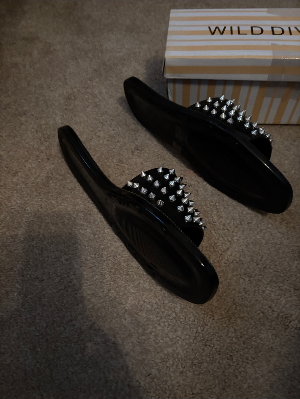 Wild Diva Black Studded Slide Sandals with Rhinestone Trim - Picture 4 of 5